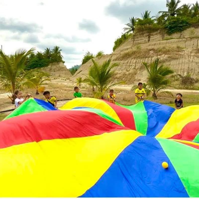 Children play with a colorful parachute in the foreground, with palm trees and a sandy hillside in the background.
