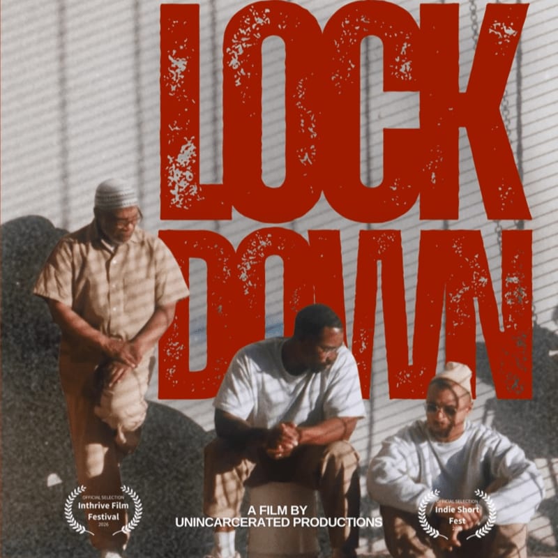Three men in prison uniforms sit in front of a large red "LOCK DOWN" title, with a chain-link fence in the background.