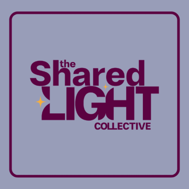 A purple logo with the words "the shared LIGHT COLLECTIVE" in a dark purple font is centered on a light purple background within a dark purple square border.