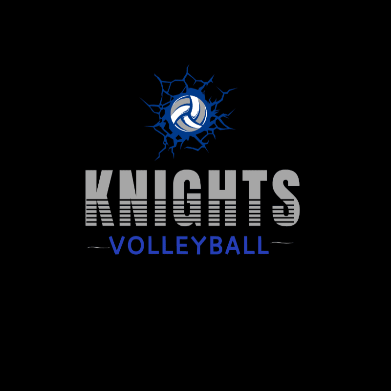 A cracked volleyball with blue energy bursts sits above the word "KNIGHTS" in bold, grey letters, with "VOLLEYBALL" in blue text below it, all against a black background.