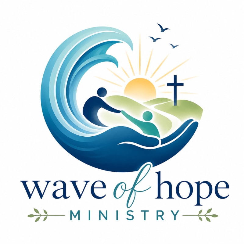 A stylized wave cradles two figures reaching for each other, with a sun, cross, and birds in the background, all above the text "wave of hope MINISTRY".
