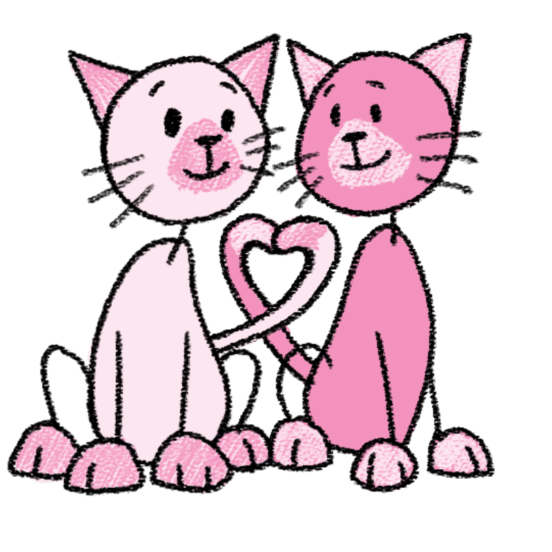 Two cartoon cats, one light pink and one dark pink, sit side-by-side with their tails forming a heart shape against a white background.