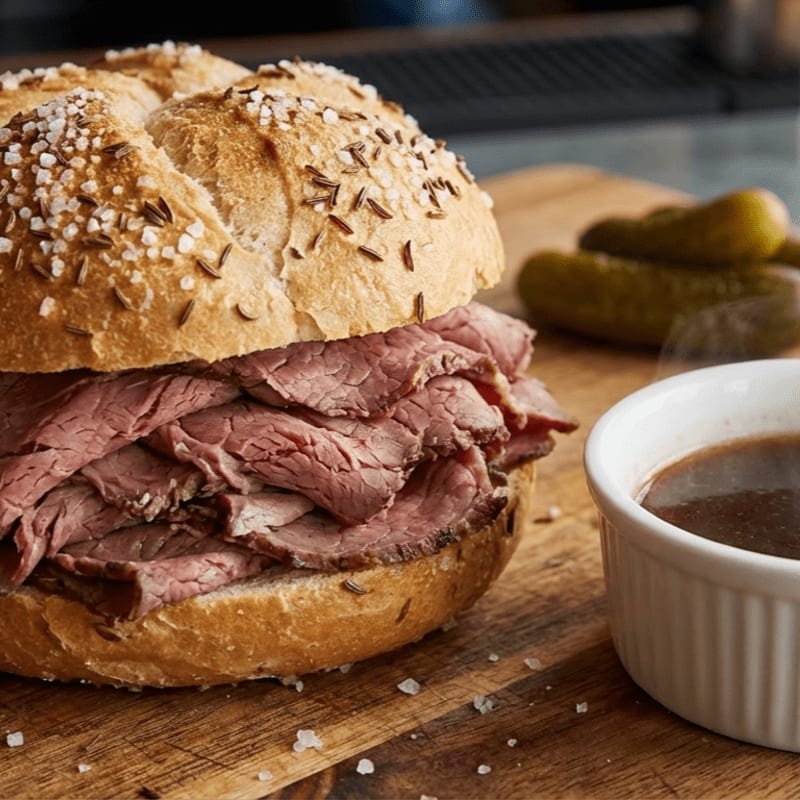 A hearty roast beef sandwich with pickles and au jus sits on a wooden cutting board, with a blurred kitchen background.