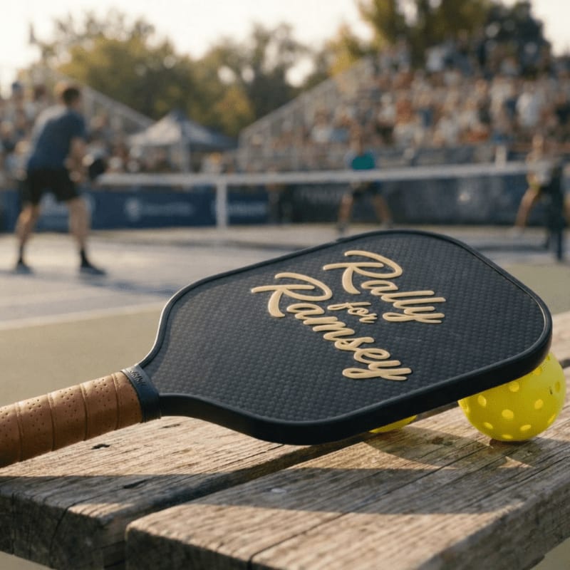 A pickleball paddle with "Rally for Ramsey" written on it rests on a wooden bench in the foreground, with a pickleball game in progress on a court in the blurred background.