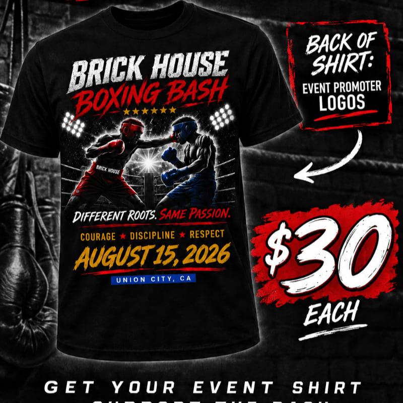 A black t-shirt with a boxing graphic and event details is displayed against a blurred background of boxing gloves and a ring.