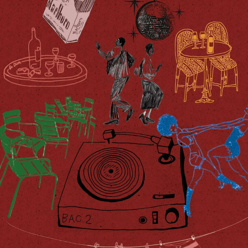 A vintage turntable and dancing figures fill the foreground, while a bar scene with drinks, chairs, and a disco ball adorns the background.