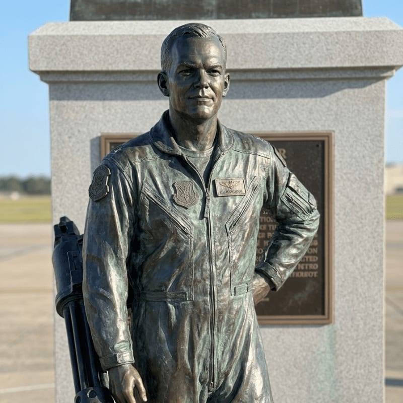 A bronze statue of a man in a flight suit stands in front of a granite monument with a plaque, set against a clear blue sky and an airfield in the background.