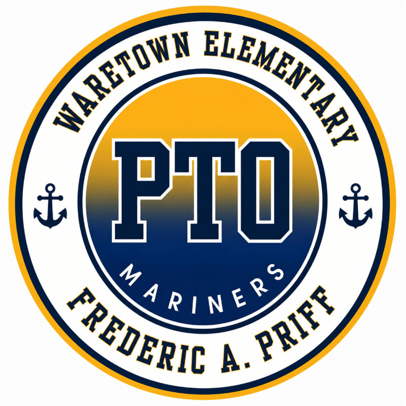 A circular logo with "Waretown Elementary PTO Mariners Frederic A. Priff" written around the edge, featuring a large "PTO" in the center, is set against a white background.