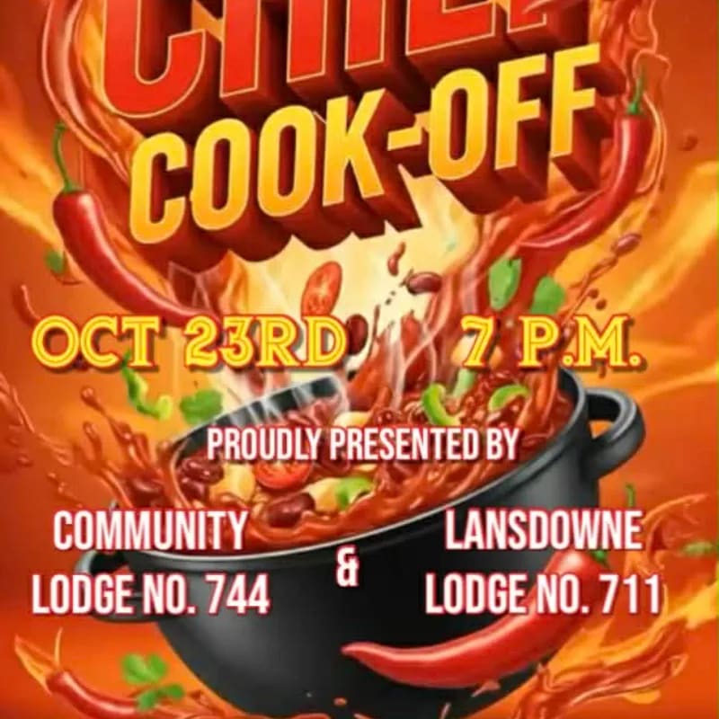 A vibrant poster for a chili cook-off features a steaming pot of chili in the foreground, with fiery text and chili peppers in the background.