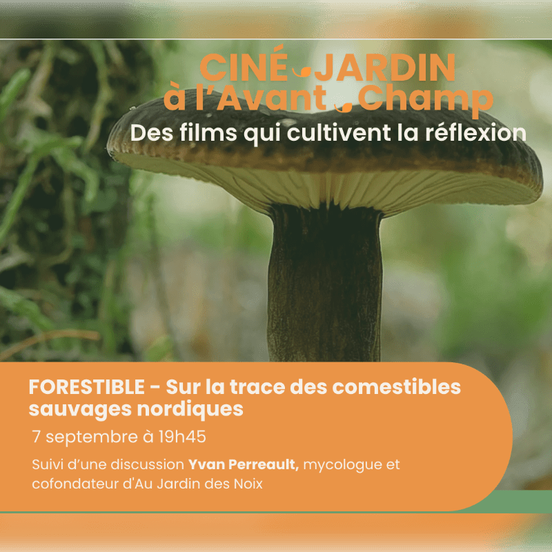 A close-up of a mushroom in the foreground is set against a blurred background of greenery, with text overlaying the image announcing a film event.