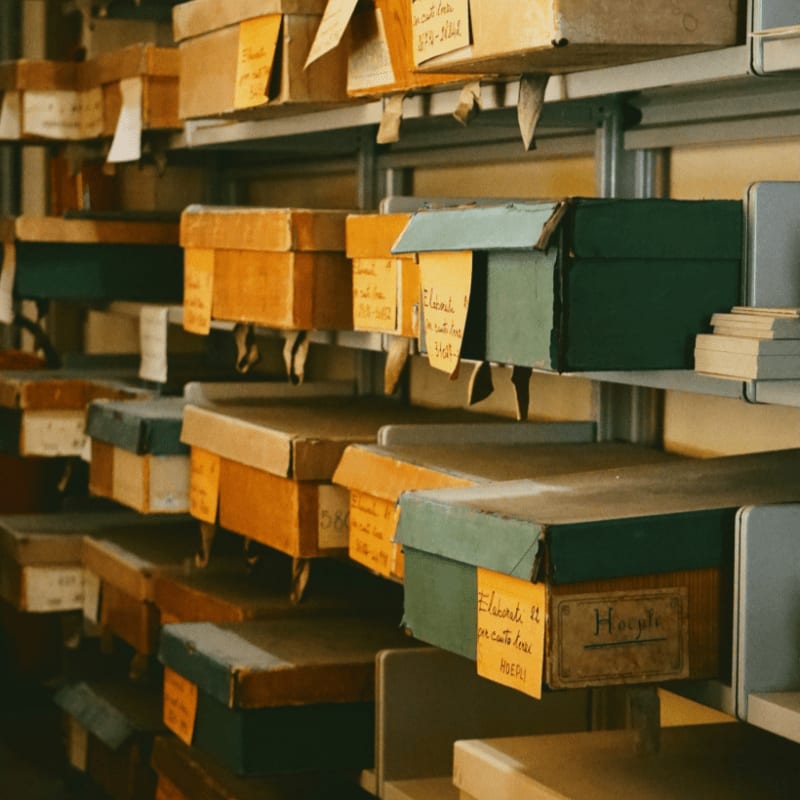Shelves filled with labeled boxes.