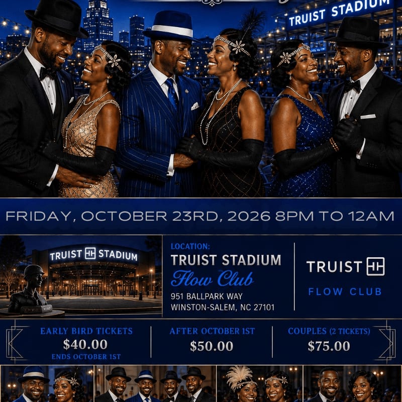 Four couples dressed in 1920s attire dance in front of a stadium at night, with event details and ticket prices displayed below.