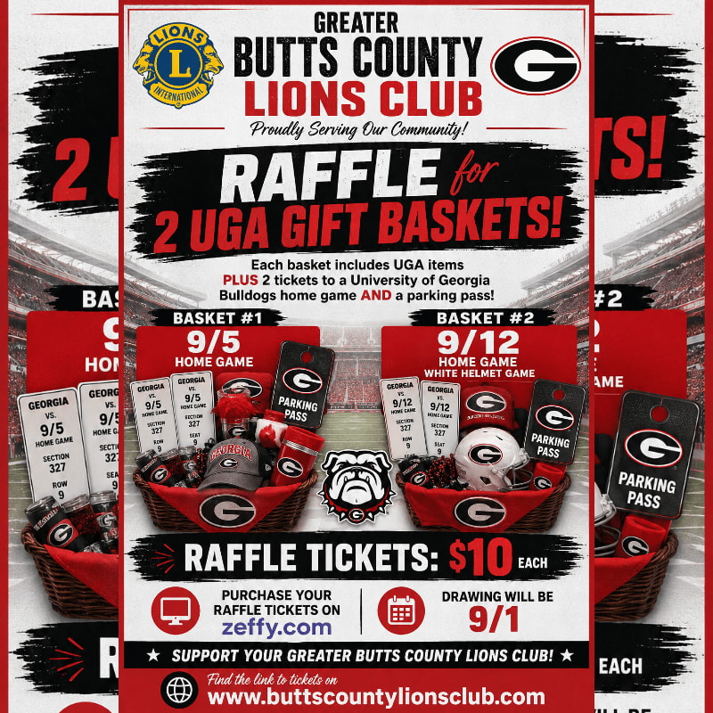 Two UGA gift baskets filled with merchandise and tickets are displayed in the foreground, with a red and white patterned background featuring text about a raffle.