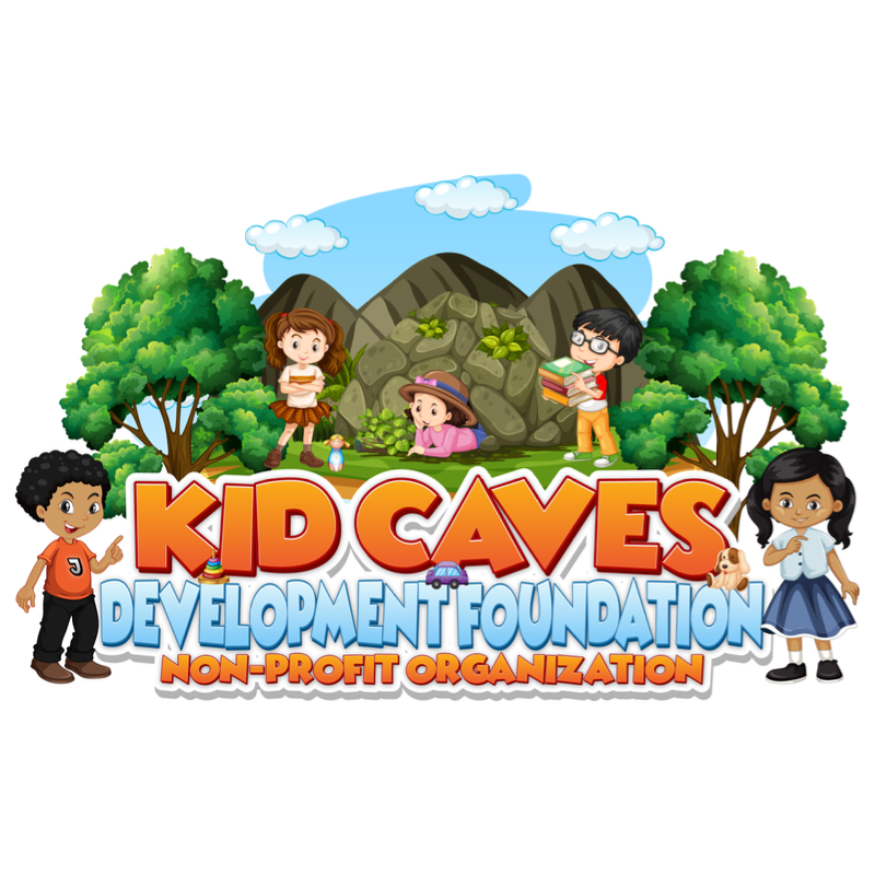Children play around the "Kid Caves Development Foundation" logo, with a rocky mountain and trees in the background.