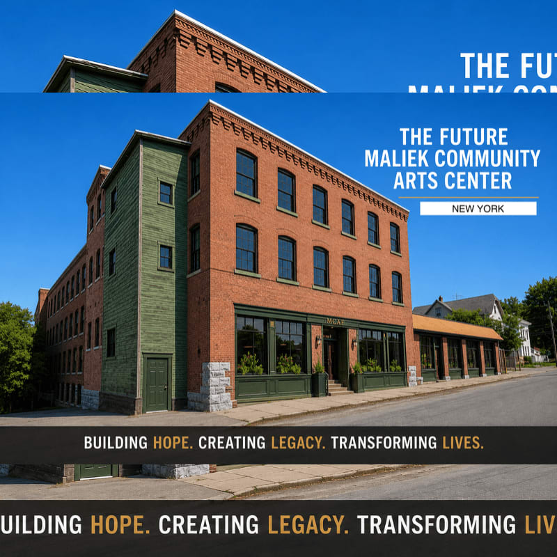 A brick building with green accents, identified as "The Future Maliek Community Arts Center" in New York, stands under a clear blue sky, with text overlaying the image promoting hope, legacy, and transformation.