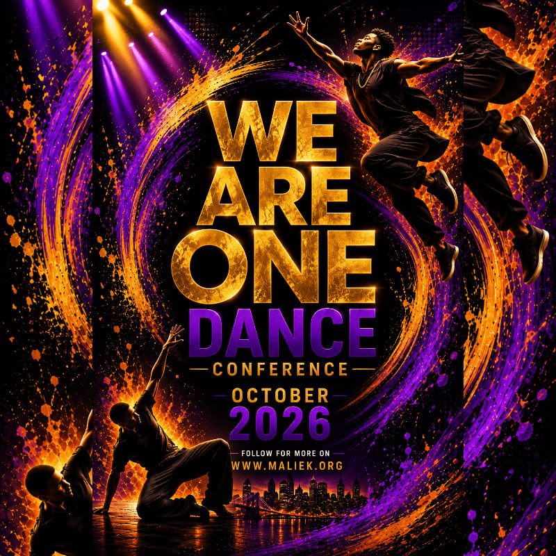 Dancers leap and pose against a swirling vortex of purple and gold light, with the words "WE ARE ONE DANCE CONFERENCE OCTOBER 2026" emblazoned in the center, and a cityscape faintly visible in the background.