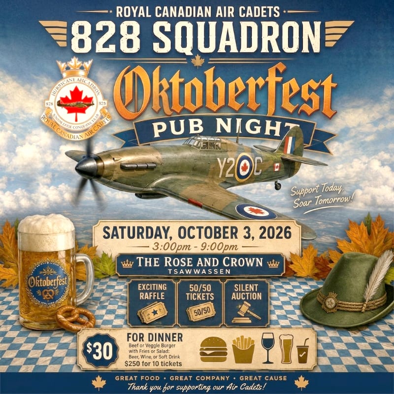 A vintage airplane is featured in the background of an Oktoberfest pub night poster, with a beer mug, pretzels, and a German hat in the foreground.