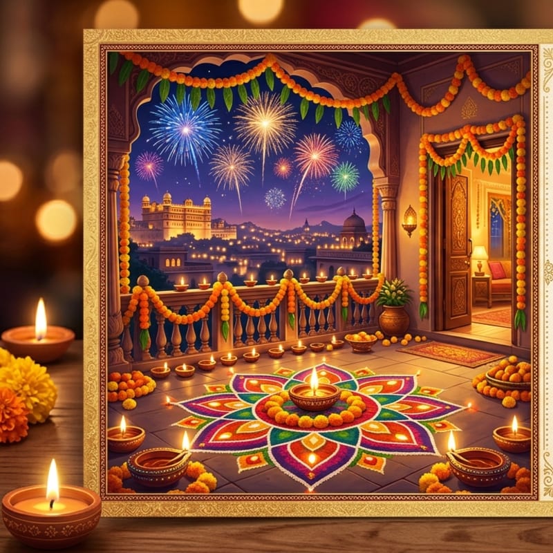 A vibrant rangoli and lit diyas adorn the foreground balcony, while a city skyline erupts with fireworks in the background.