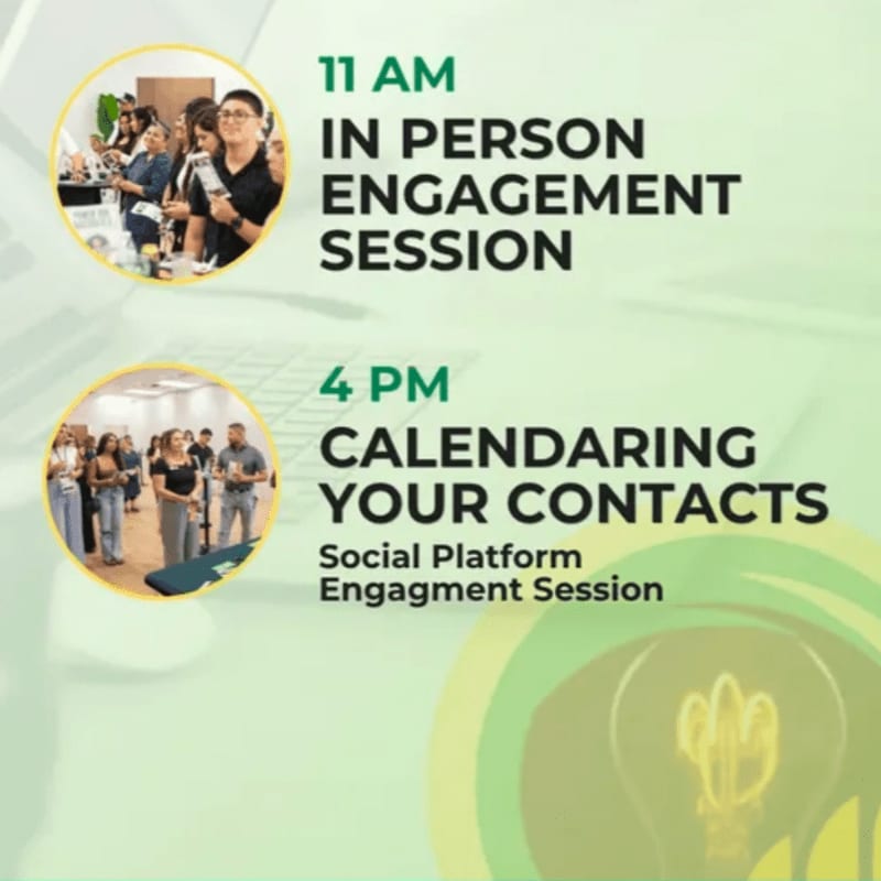 Two circular photos of people in indoor settings are overlaid on a green gradient background with text announcing an "in person engagement session" at 11 AM and a "social platform engagement session" at 4 PM.