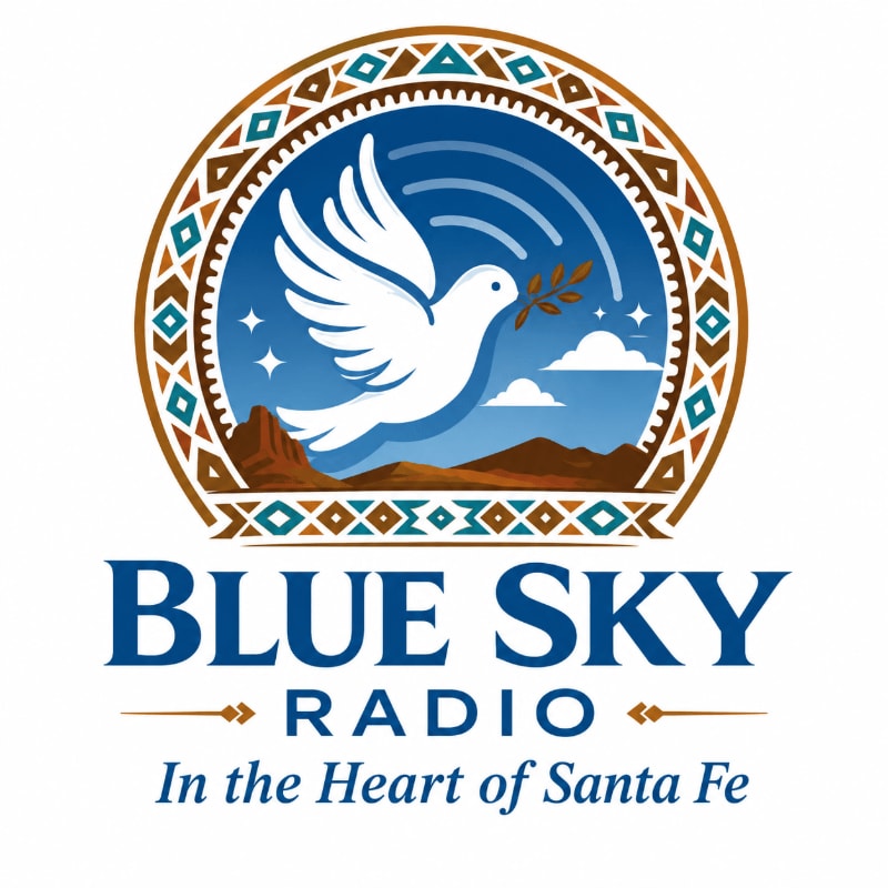 A white dove carrying an olive branch flies across a starry sky with clouds and mountains in the background, all within a circular, patterned frame above the words "BLUE SKY RADIO" and "In the Heart of Santa Fe."