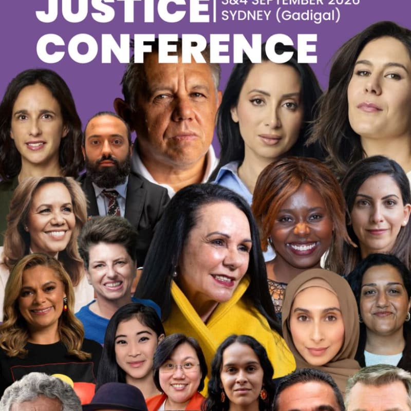 A collage of diverse faces fills the foreground against a solid purple background that displays text for "THE RACIAL JUSTICE CONFERENCE" and event details.