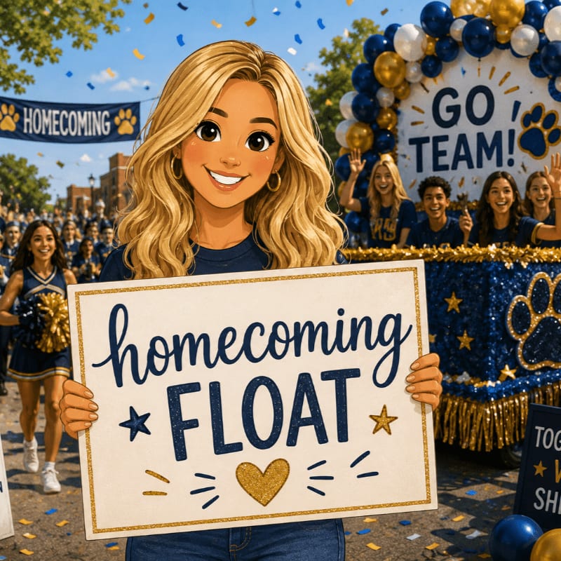 A smiling blonde girl holds a "homecoming FLOAT" sign in the foreground, with a celebratory parade featuring a decorated float and cheering students in the background.