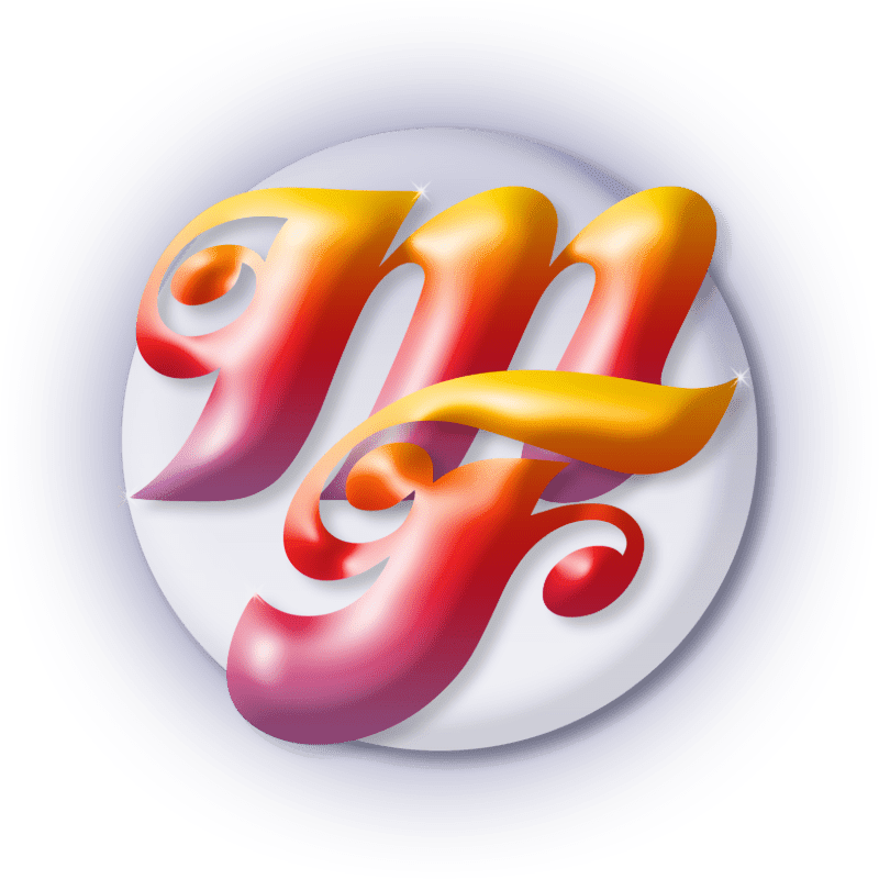 A stylized, colorful logo with gradient lettering in shades of red, orange, and yellow is set against a white circular background with a subtle blue glow.