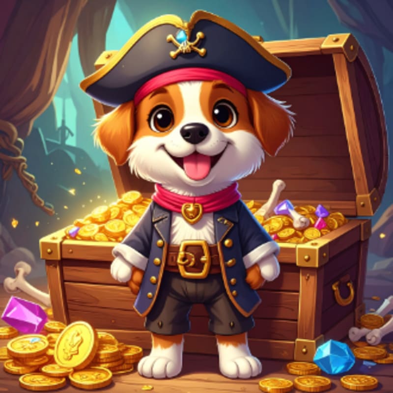 A cute dog dressed as a pirate stands in front of an open treasure chest overflowing with gold coins and jewels, with a forest background.