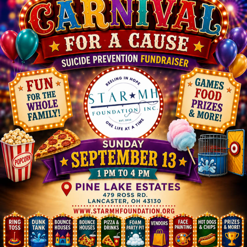A vibrant carnival poster advertises a "Carnival for a Cause" suicide prevention fundraiser, featuring colorful balloons and carnival attractions in the foreground against a blurred background of carnival lights.