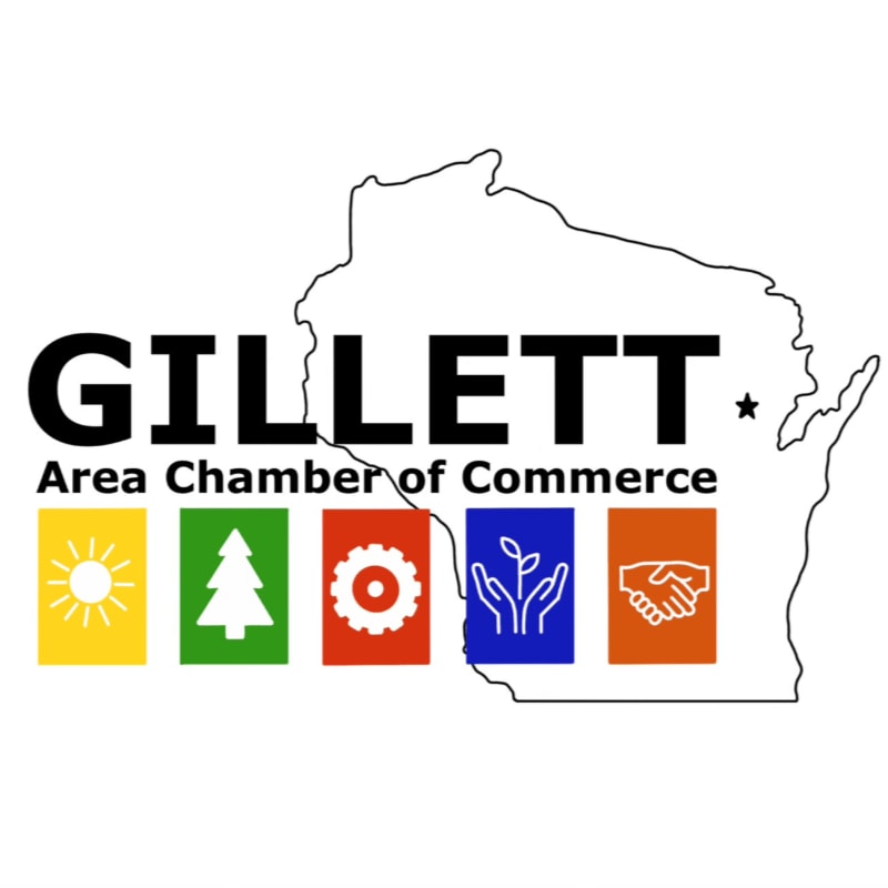 A white outline of Wisconsin contains the text "GILLETT Area Chamber of Commerce" above five colorful squares, each with a distinct icon.