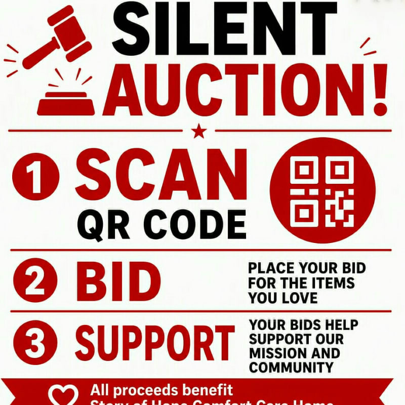 A red and black graphic advertises a silent auction with instructions to scan a QR code, bid, and support a mission, set against a white background.