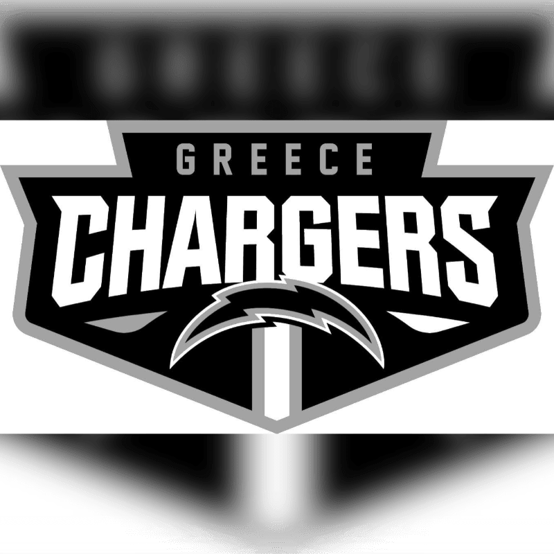 A black and white logo for "GREECE CHARGERS" with a lightning bolt emblem is centered against a blurred, dark background.