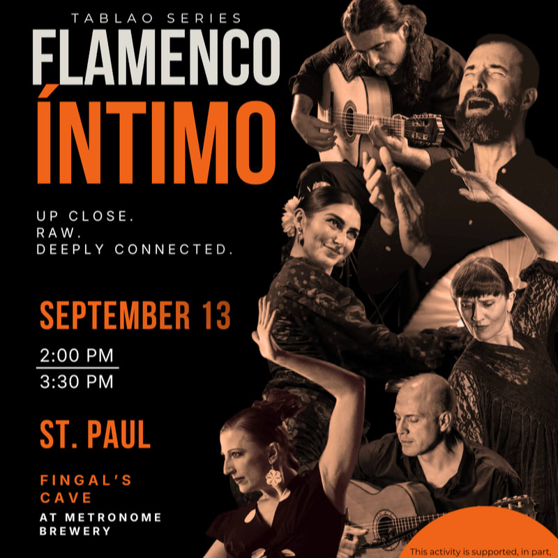 A group of flamenco performers, including guitarists and dancers, are featured in the background, while the foreground displays event details for "Flamenco Íntimo" on September 13th in St. Paul.
