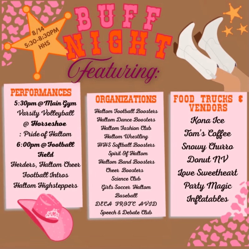 A pink cowboy hat and boots are in the foreground, with a poster detailing "Buff Night" events and vendors in the background.