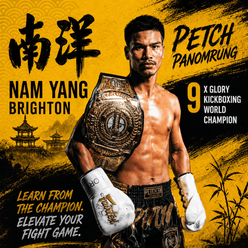 A muscular kickboxer wearing a championship belt stands in the foreground against a yellow background with Asian-inspired graphics and text.