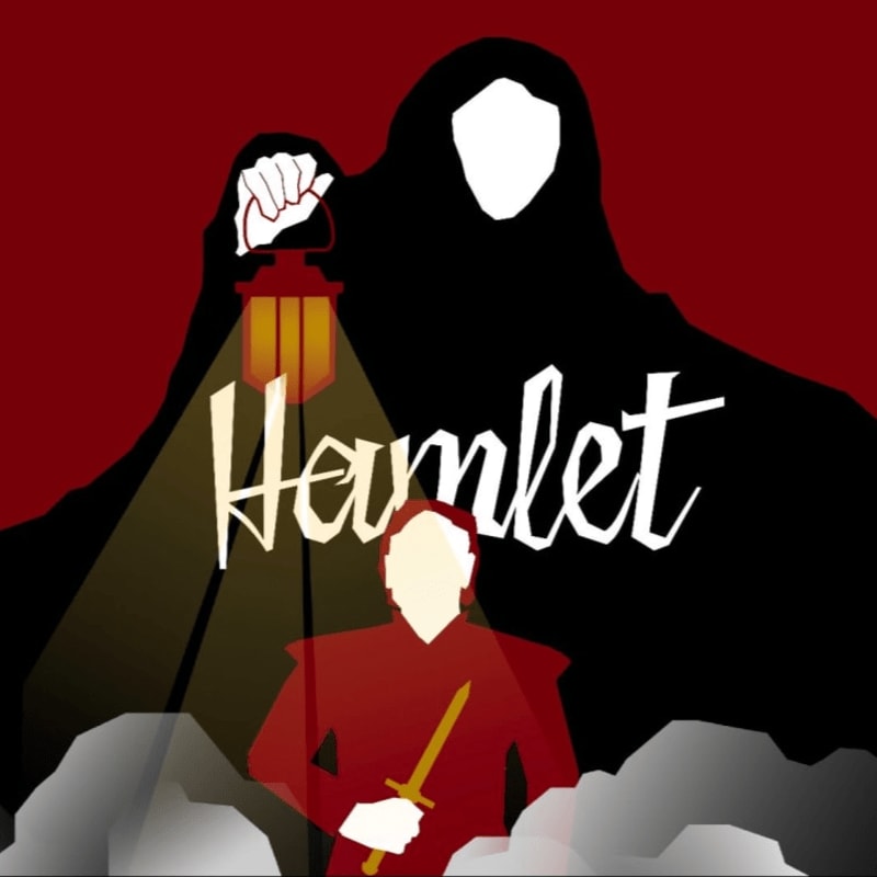 A lone figure holding a lantern stands in the foreground against a dark, shadowy silhouette and a red background advertising "Hamlet" auditions.