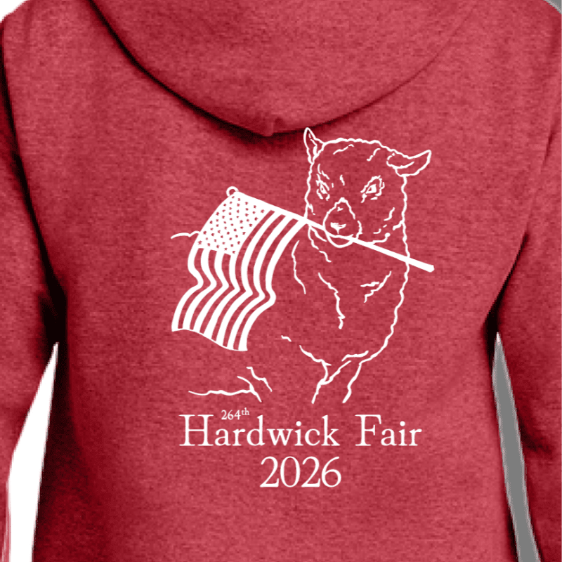 A white line drawing of a llama holding an American flag in its mouth is printed on a red heathered hoodie, with "264th Hardwick Fair 2026" text below.