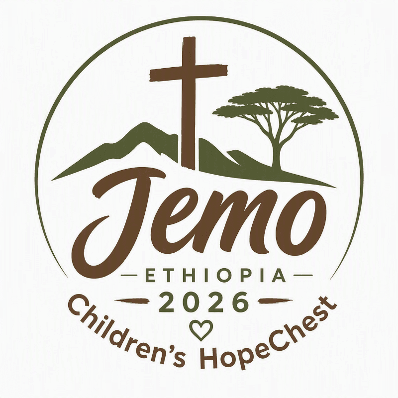 A brown cross stands atop a hill with a tree to its right, set against a circular background with the text "Jemo Ethiopia 2026 Children's HopeChest" and a heart symbol.