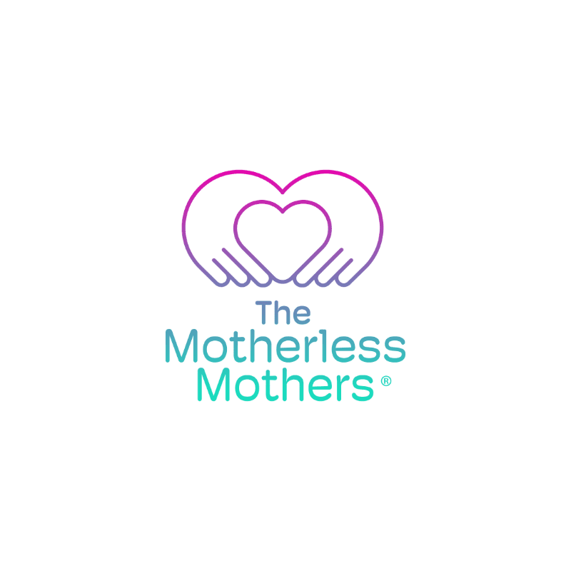 Two hands form a heart shape in the foreground, with the text "The Motherless Mothers®" below it, all against a white background.