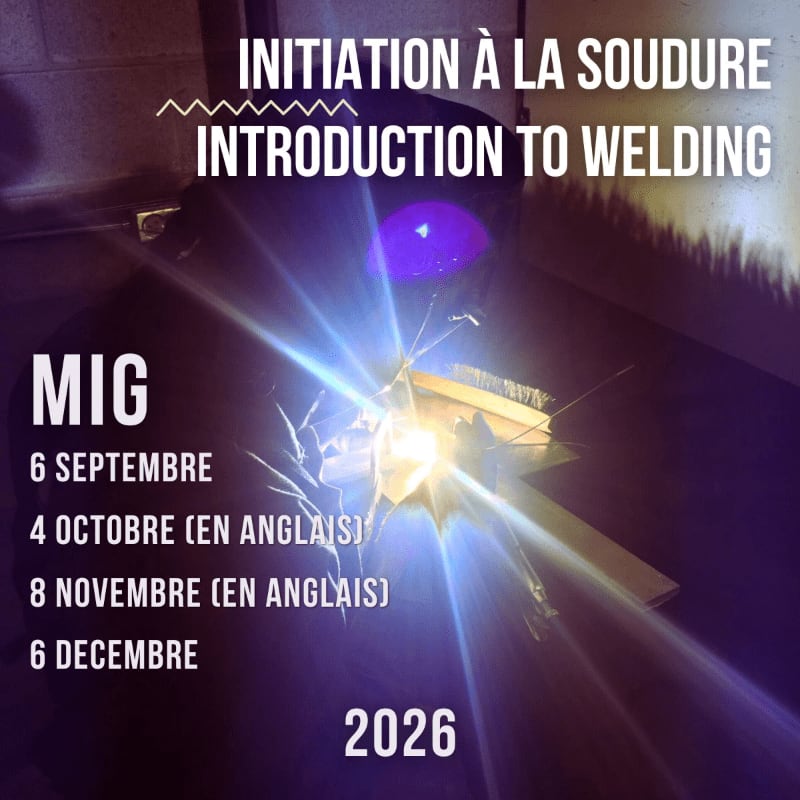 A bright welding arc illuminates metal in the foreground, with text announcing "Initiation à la Soudure" and "Introduction to Welding" in the background.