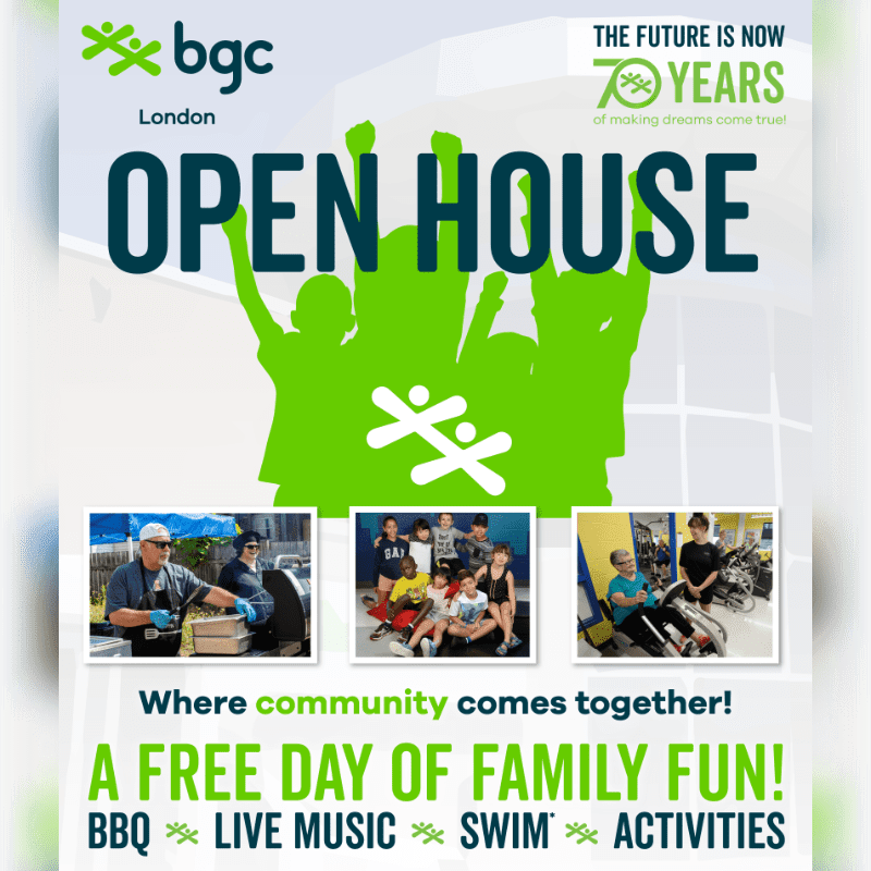 A vibrant "Open House" poster features a silhouetted group of cheering children in the background, with three smaller photos of community activities in the foreground.