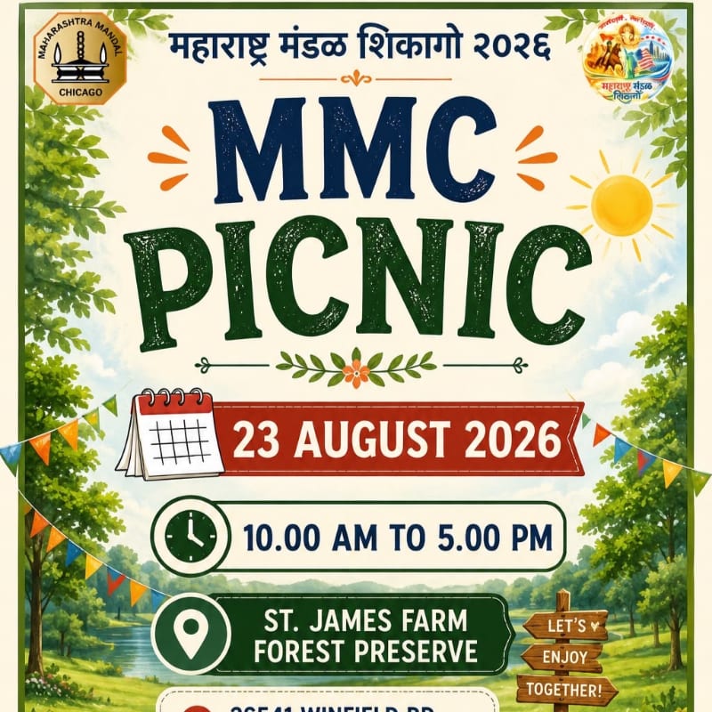 A vibrant green picnic invitation features a calendar and clock in the foreground, set against a background of trees, bunting, and a bright sun.