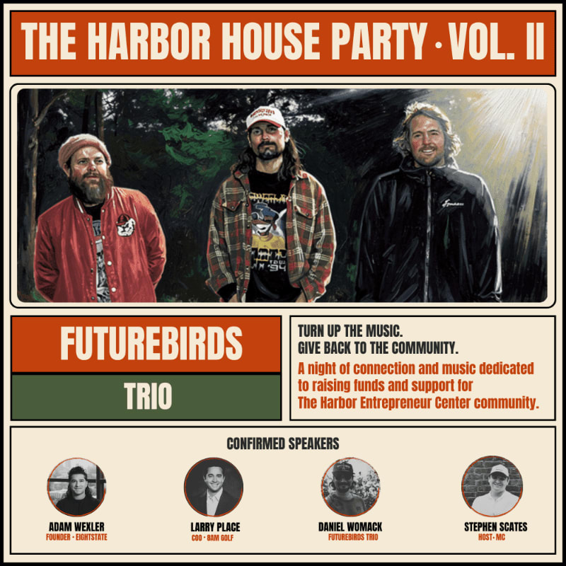 Three men stand in front of a blurred forest background, with event details and speaker names below.