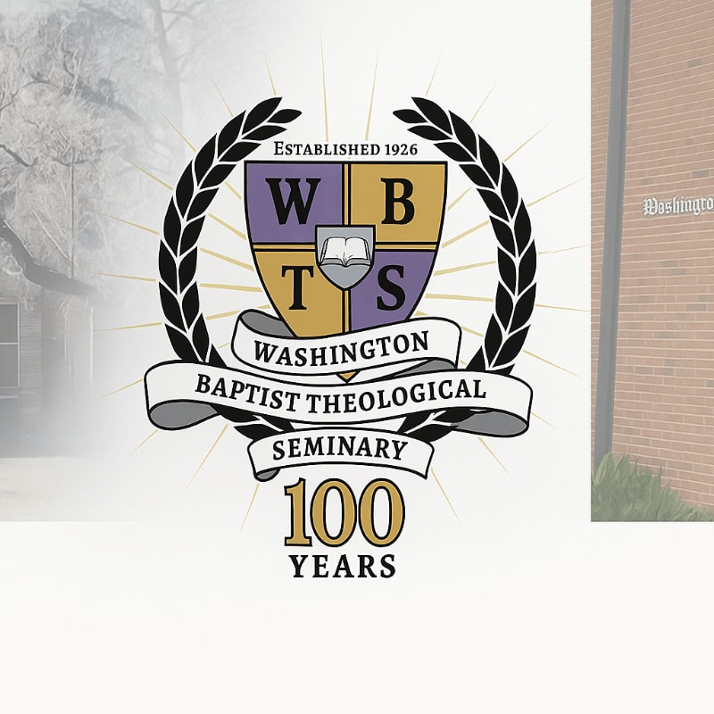 A crest celebrating 100 years of Washington Baptist Theological Seminary is superimposed over a faded image of a building and a brick wall.