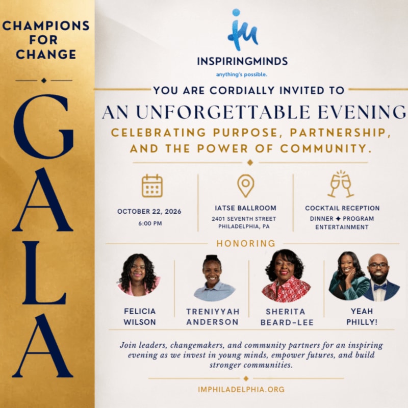 A gold and navy blue invitation for a "Champions for Change Gala" in Philadelphia, featuring event details and honorees, is set against a textured gold background.