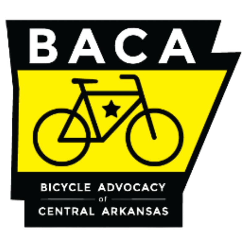 A black silhouette of a bicycle with a star in its frame is centered on a bright yellow background, all within a black and yellow logo that reads "BACA" at the top and "BICYCLE ADVOCACY of CENTRAL ARKANSAS" at the bottom.