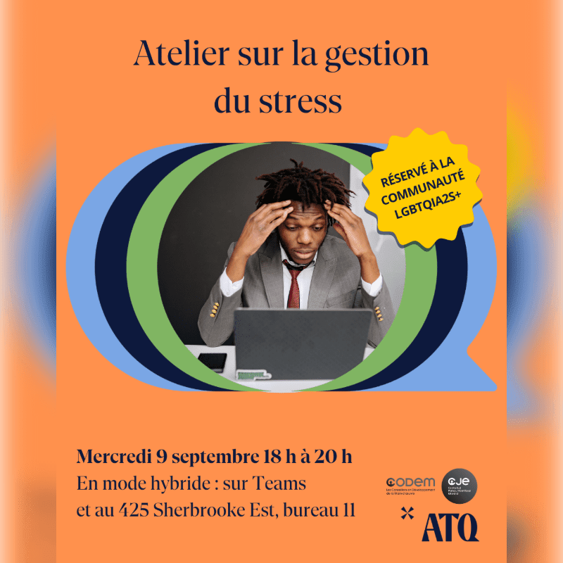 An orange background frames a graphic with a stressed man in the foreground and event details in the background.