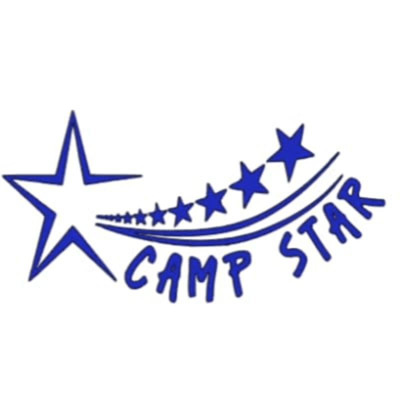 A large blue star in the foreground leads a trail of smaller blue stars and the words "CAMP STAR" across a white background.