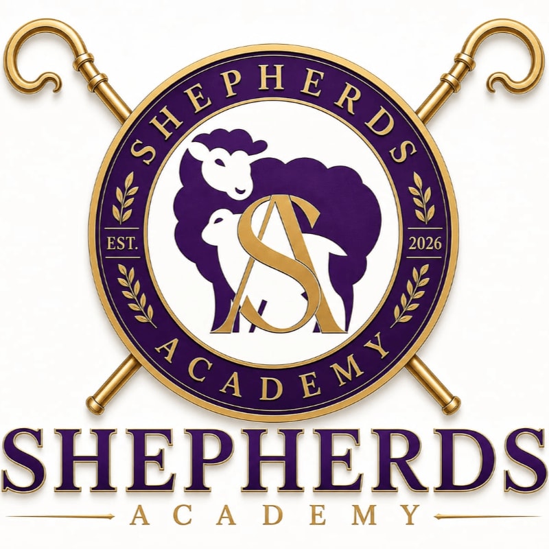 Two golden shepherd's crooks frame a circular emblem featuring a sheep and lamb with the letters "SA" superimposed, all set against a textured white background with the words "SHEPHERDS ACADEMY" below.