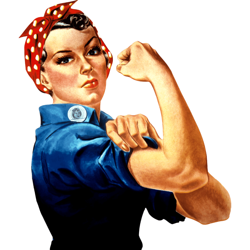 A woman in a red polka-dot bandana and blue shirt flexes her bicep against a white background.